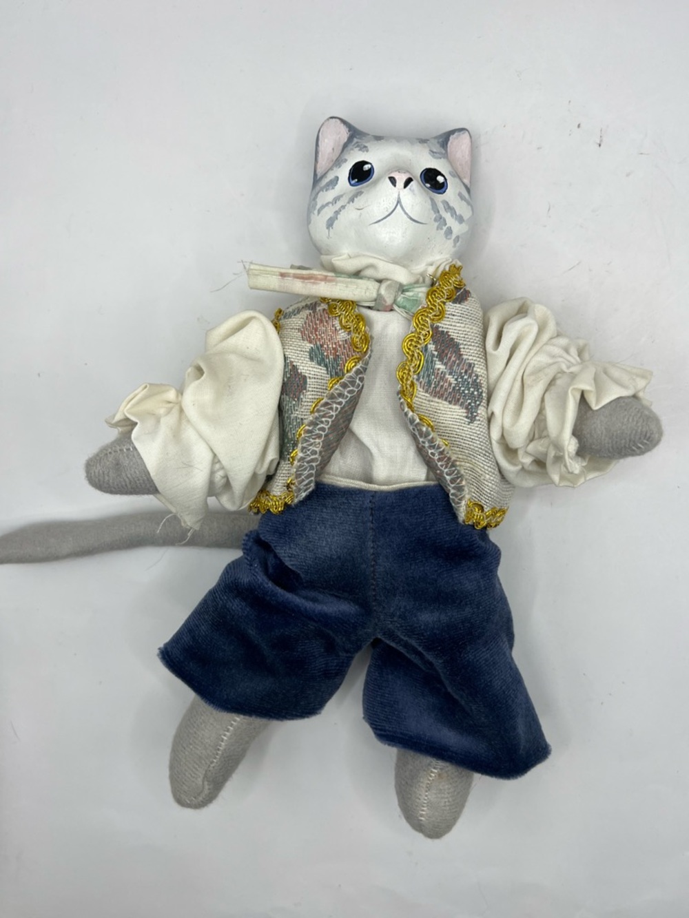 Vintage Ceramic Cat Head Doll in Handmade Clothes Handcrafted Wooden Body 9.5”